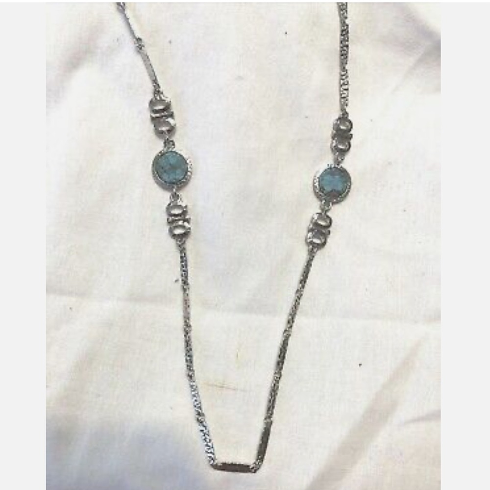 2 Sarah Coventry Silver Moon Chain Necklace 30" & 19”w/Two Faux Turquoise Moons